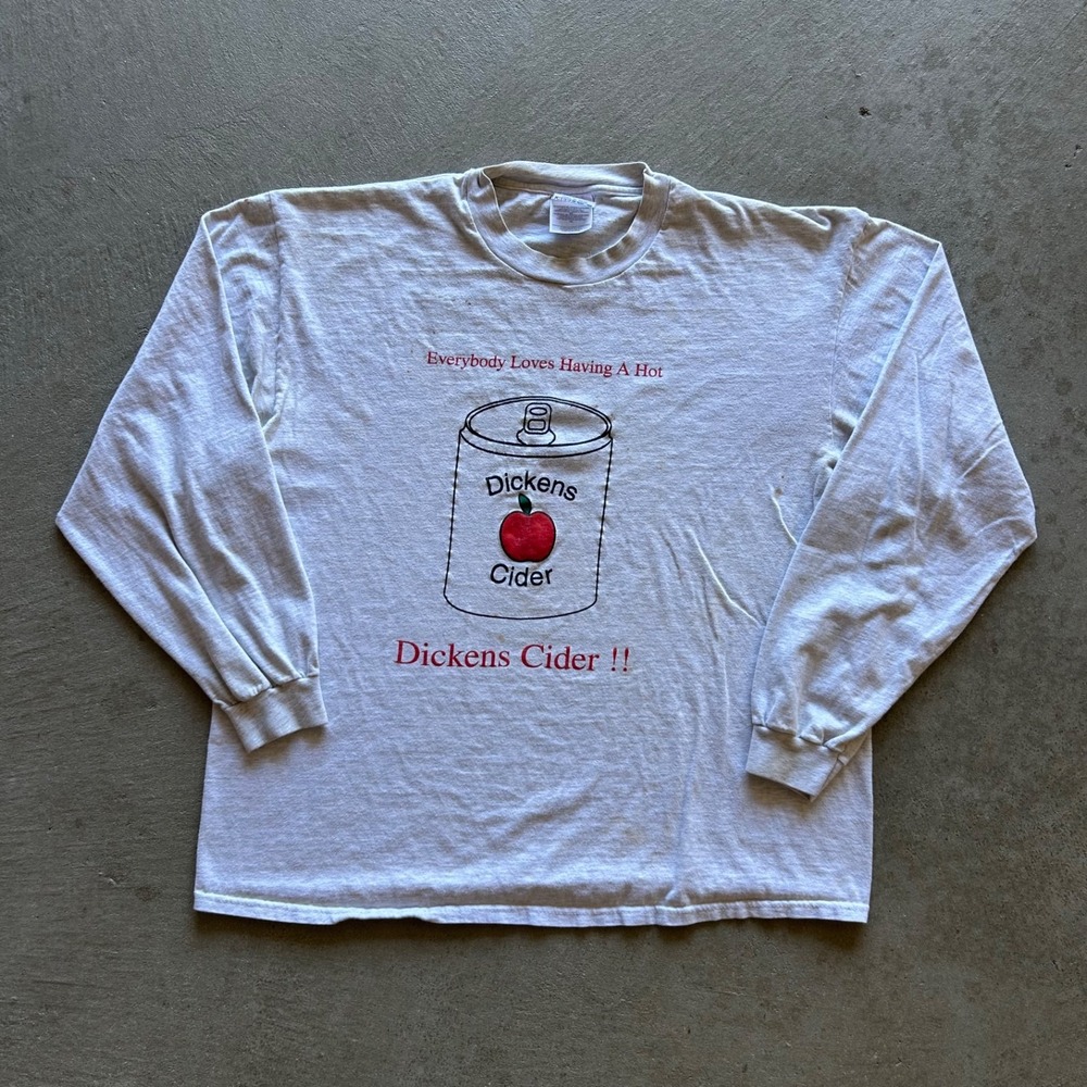 Vintage 90s Dickens Cider Long Sleeve Shirt Size XL Gray Funny Novelty Parody